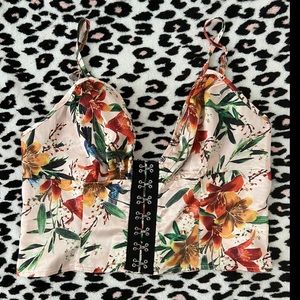 PrettyLittleThing Satin Floral Hook & Eye Camisole Low cut Bustier Summer
